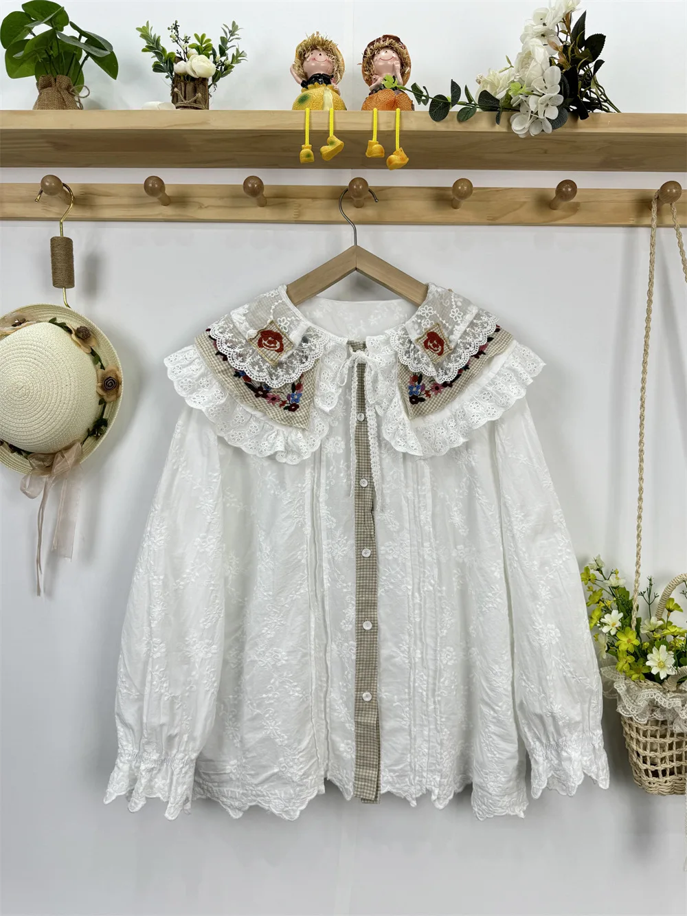 Рубашки и блузки с вышивкой Mori kei в японском стиле ретро двойным воротником