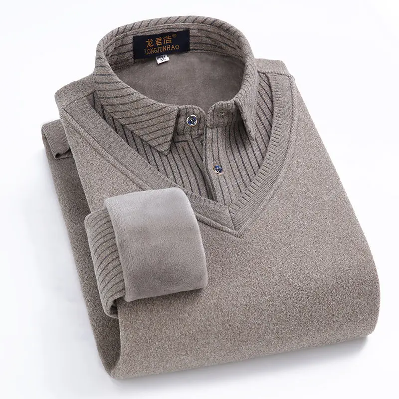 Men's T-shirt Sweater Sweater Pullover Shirt Collar Plush Thickened Warm  Slim New Men's Sweaters Fake Two Knit Sweater