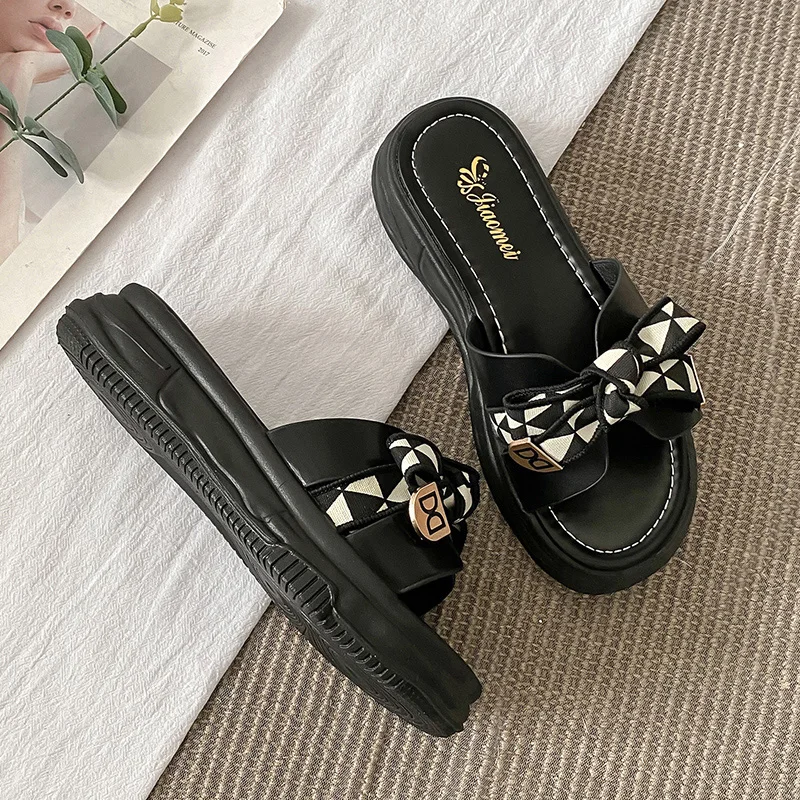 2022new fashion women's platform sandals summer beach shoes bow color matching comfortable soft women slippers designer Outside