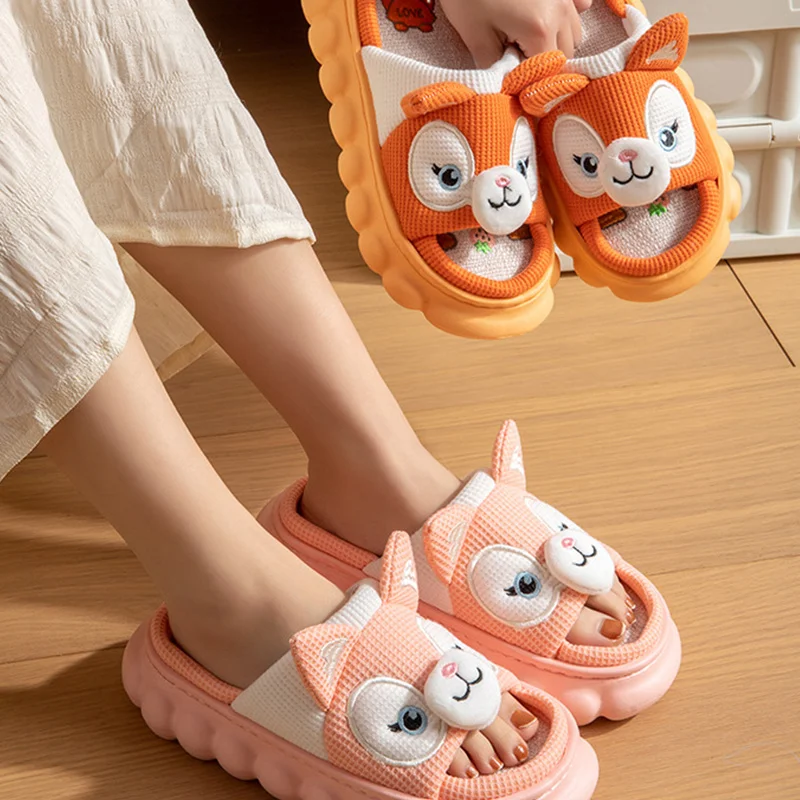 

Тапки женские домашние из хлопка и льна, Мультяшные милые Нескользящие, на толстой подошве, дышащие, летние шлепанцы