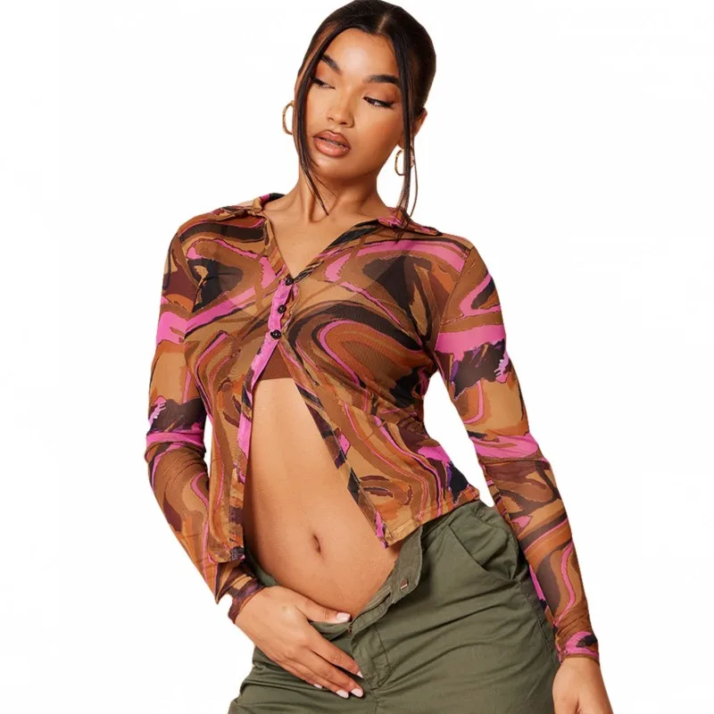 

Short Shirts Women Tops Turn Down Collar Full Sleeve Blouses 2022 New Fashion Print See Through Sexy Clubwear Blusa Tops Tunics