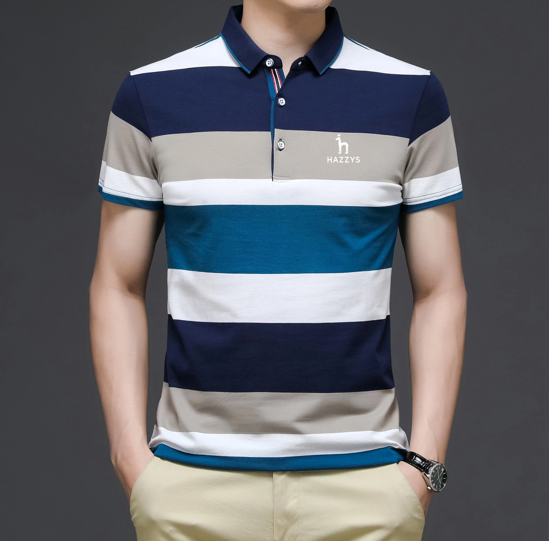 Embroidery logo high-quality brand men's polo T-shirt cotton stripe men's short sleeved top new comfortable men's clothing