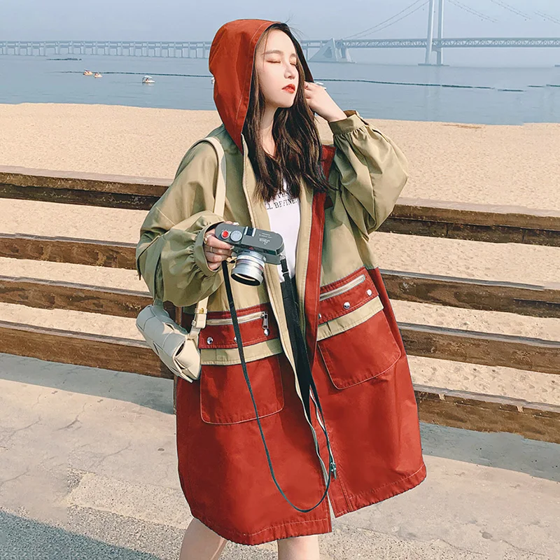 

Women's Coat Color-blocking Workwear Hooded Trench Long Spring Autumn Korean Windbreaker Loose Jacket Casual New Ladies Cloak