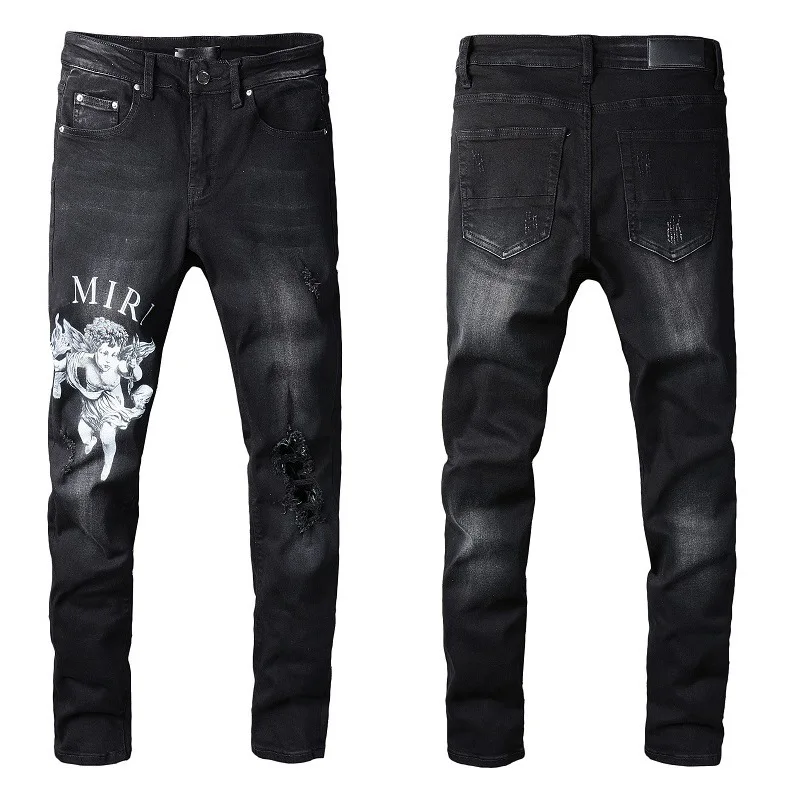 2023 Street Alphabet Angel Pattern Denim Micro-Stretch Cotton Black Skinny Jeans Cargo Jeans  Y2k Men’s Jeans  Pants  Jeans