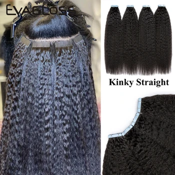 Evagloss Remy Brazilian Kinky Straight Invisible Tape In Human Hair Extensions For Black Women 12-26inch Available Natural Black 1