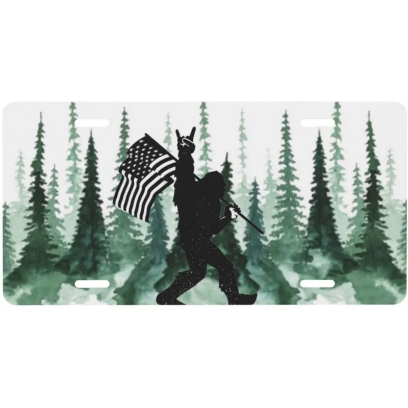 

Патриотический Алюминиевый номерной знак Bigfoot Tree с американским флагом, декоративный металлический передний номерной знак для автомобиля с 4 отверстиями, автомобильная бирка