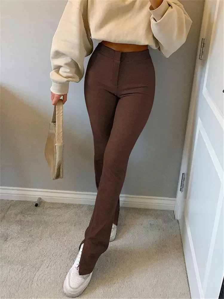 

New2022 Women's Solid High Waist Stretchy Leggings Skinny Sexy Split Out Long Trousers Casual Sport Pants Streetwear Autumn