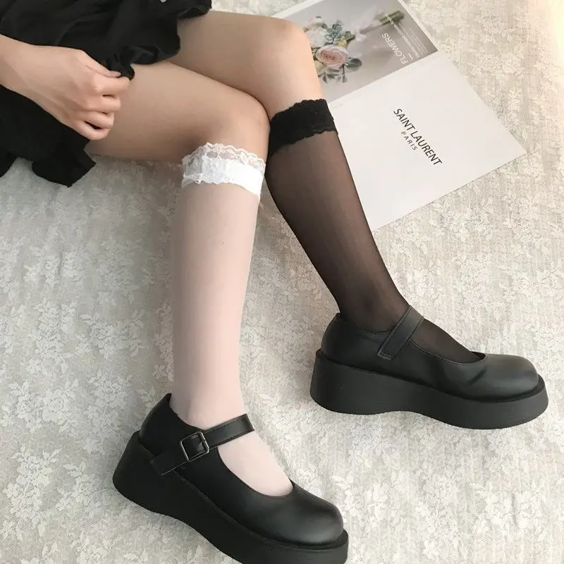Mid Tube Socks Jk Lace Socks Female Japanese Lo Tide Bow Long Tube Stockings Thin Calf Socks Cute Soft Girl