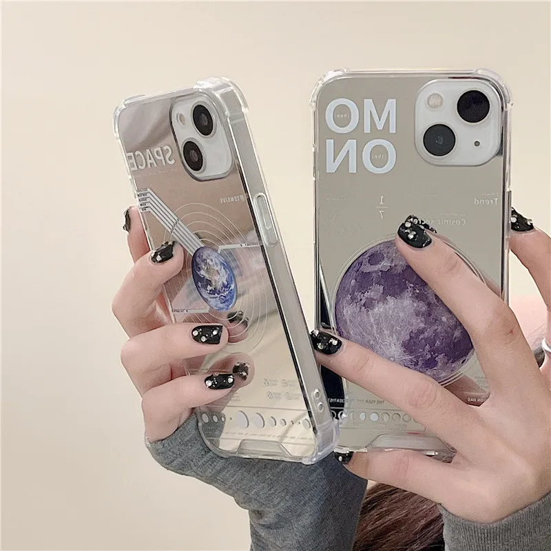

Luxury Retro mirror Moon Earth planet track art Phone Case For iPhone 13 11 12 Pro Max XR Xs Max 6 7 8 Plus Case Cute Soft Cover