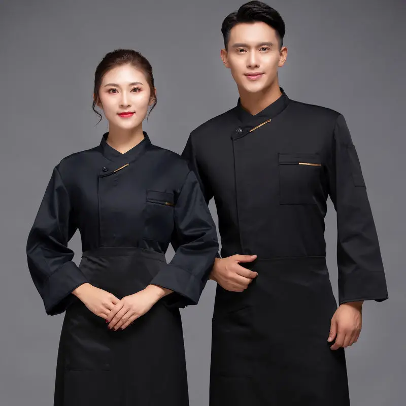 Black Chef Jacket Wholesale Head Chef Uniform Restaurant Hotel Kitchen Cooking Clothes Catering Foodservice Chef Shirt Apron Hat