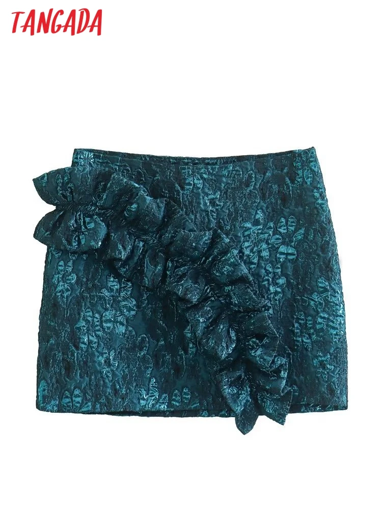 

Tangada Women Ruffles Jaquard Mini Skirt Vintage High Waist Zipper Female Skirts 6X86