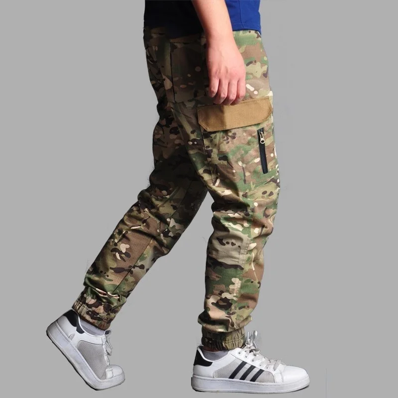 

Spring Autumn Men's Camouflage Overalls Army Fan Combat Training Tactical Cargo Pants Outdoor Sports Slim Thin Military Trousers