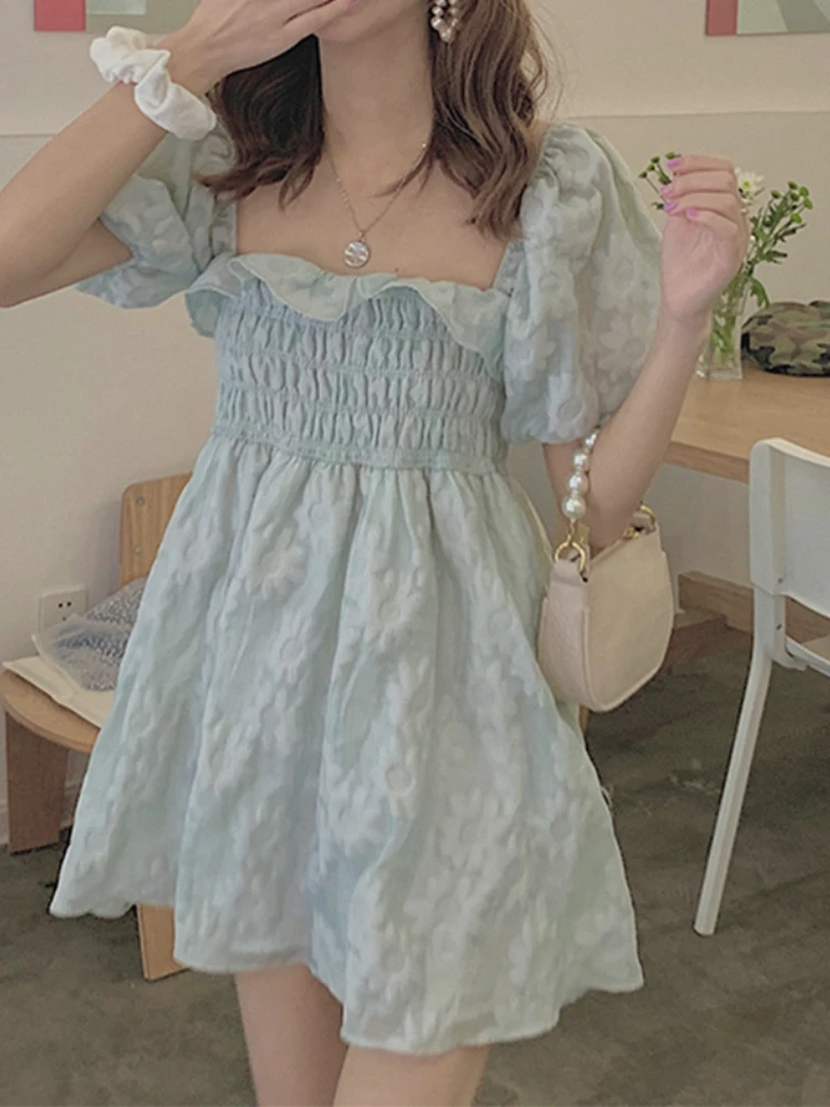 

Dress Women Sweet 2022 Spring Summer Vintage Print Puff Sleeve Dress Sexy Square Collar E Girl Elegant Dresses Vestido De Mujer