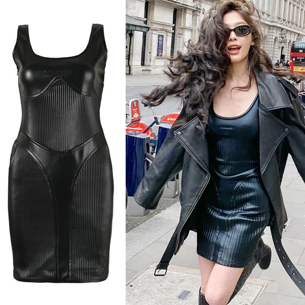 

Черные платья из искусственной кожи для женщин, весна-лето 2023, Элегантное летнее женское мини-платье на тонких бретелях, дизайнерское привлекательное облегающее платье