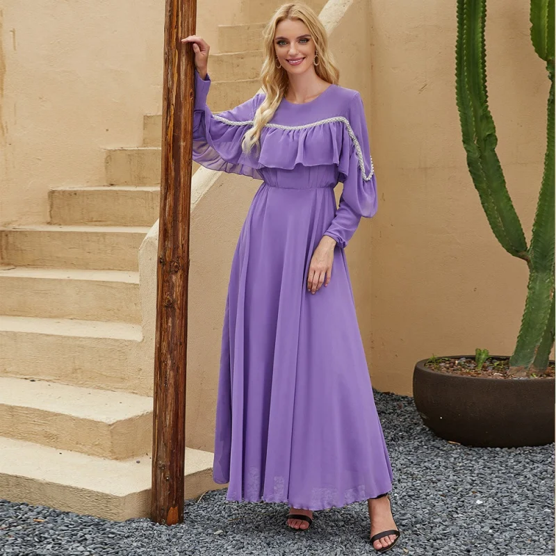 

Snow Purple Ruffled Large Swing Gauze Dress Holiday Ethnic Style Long Dress Robe Dress