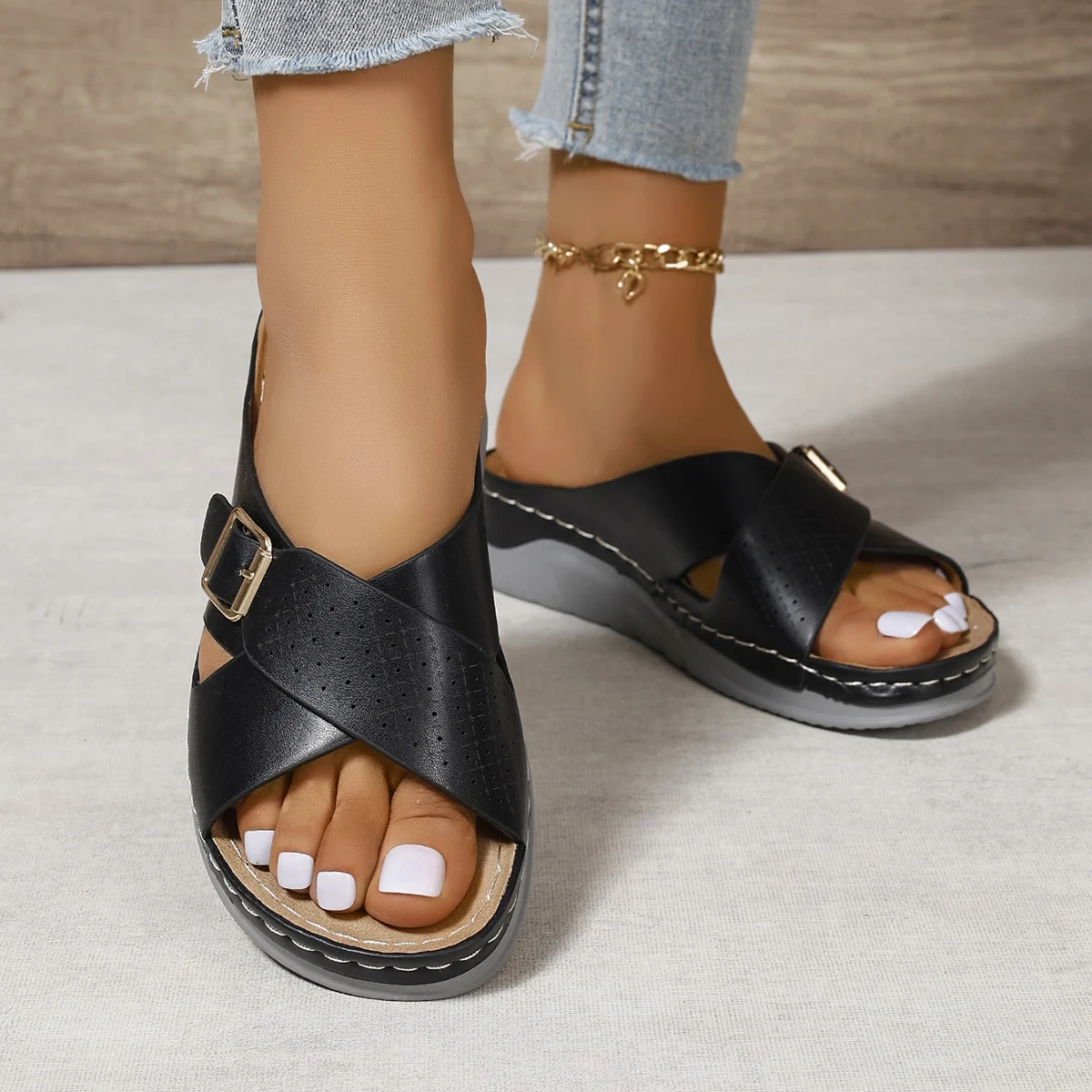 Женские Летние Шлепанцы Коричневые Сандалии Из Искусственной Кожи С Т-образным