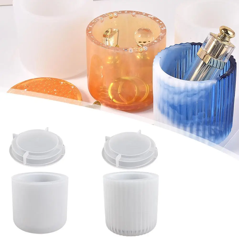 Round Silicone Candle Cup Mold with Lid Vertical Stripe Storage Box Plaster Mold Succulent Flowerpot Mold Cylinder Candle Holder