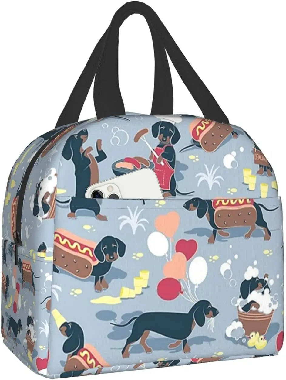 

Pastel Blue Navy Brown Dachshunds Lunch Box Bento Travel Bag Picnic Tote Bag Insulated Durable Container Reusable Waterproof Bag