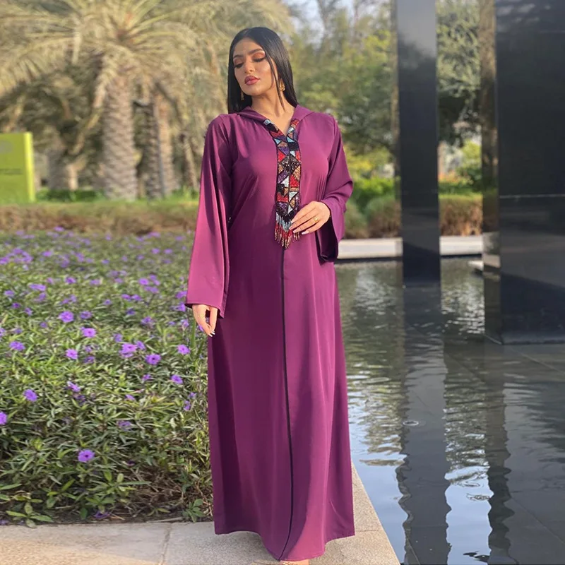 

Ramadan Eid Jalabia National Dress Saudi Arabia Dubai Woman Light Luxury Hooded Colorful Hanging Beard Robe Femme Musulmane Plus