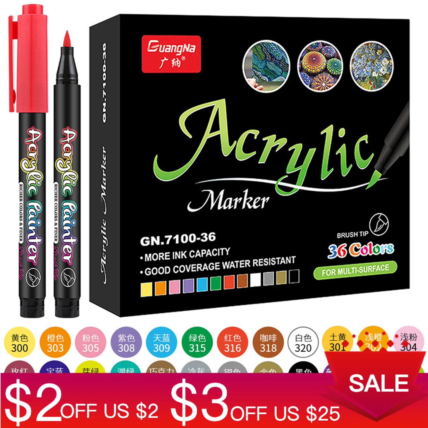 

36 Colors Acrylic Paint Pen Art Markers Nylon Brush Tip Opaque Water-Based Paint Quick-Dry for All Surfaces Stationary Supplies