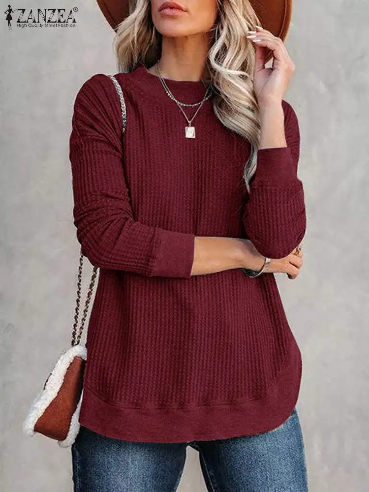 

ZANZEA Fashion Waffler Women Blouse Knitting Long Sleeve Elegant Solid Tops Tunic Spring Casual Shirt Work OL Blusas Oversize