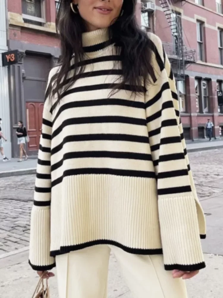 

Tossy Casual Striped Turtleneck Sweater Oversized Pullover Women Loose Long Sleeve Tops 2022 Fall Winter Knitted Outwear Jumper