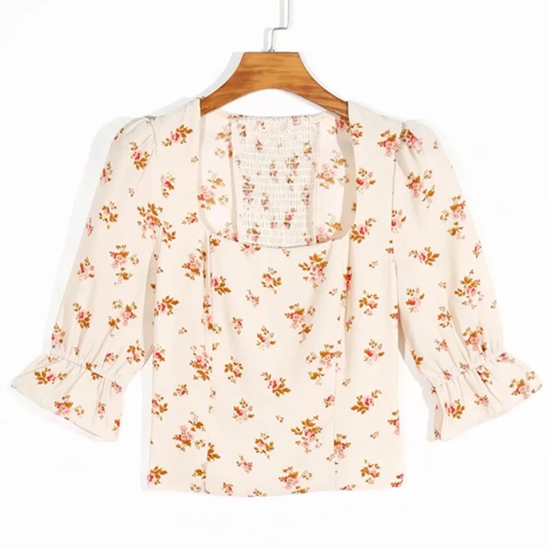 

Jenny&Dave Indie Folk Flare Sleeve Floral Blouse Women Tops French Style Vintage Square Collar Pleated Short Sleeve Print Shirt