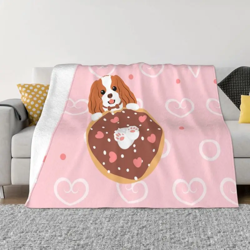 

Love Cavalier King Charles Spaniel And Donut Blankets Breathable Soft Flannel Summer Dog Throw Blanket for Couch Travel Bedroom