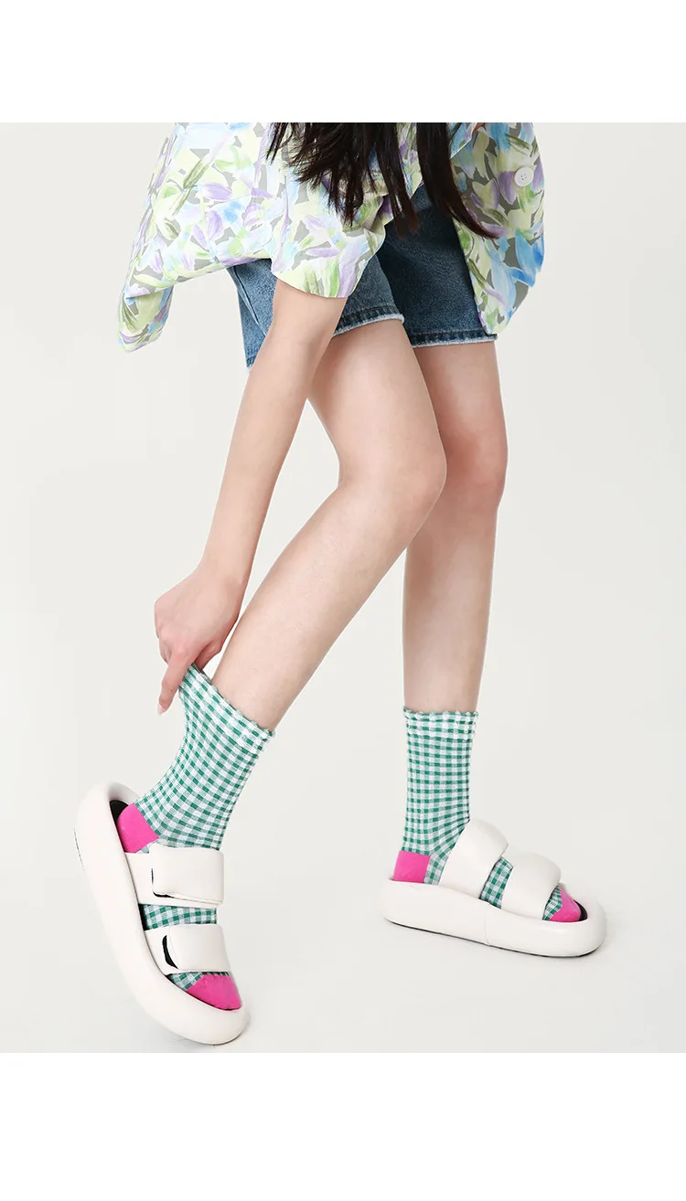 Renaissance Original Woman Lady Girls Spring Summer Autumn Winter Mid Tude Plaid Checkered Ins Fashion Candy Color Cotton Socks