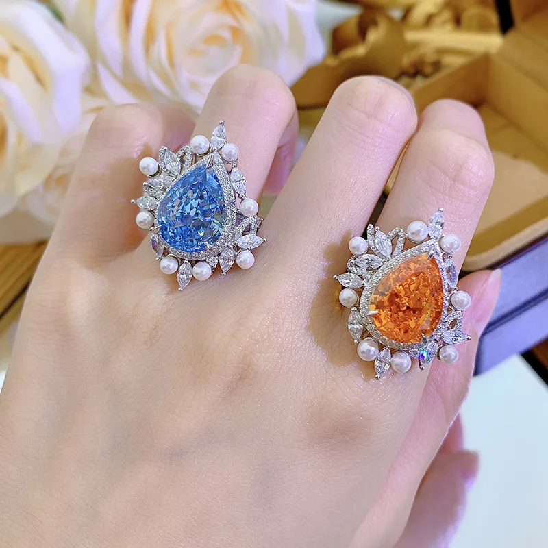 

Fashion 925 Sterling Silver Ring Drop Shape 11*15mm Orange Blue Created Diamond Synthetic Pearl Pear Brilliant Cut Jewelry