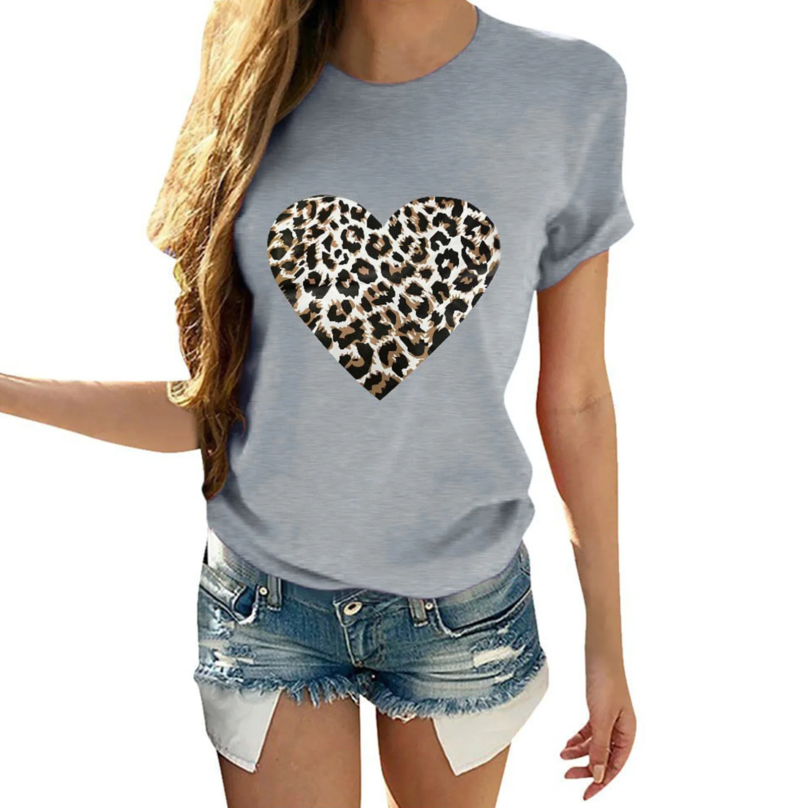 

Fashion Casual Slim Short Sleeve Valentines Day Heart Shaped Comfortable Crew Neck Shopping Pullover Leopard Print Women Top