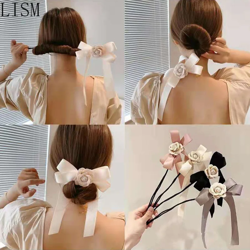 

Korean Fabric Ribbon Bowknot Bun Hair Band Sweet Elegance Camellia Flower Lazy Hair Braiding Artifact Women hair pins jewelry