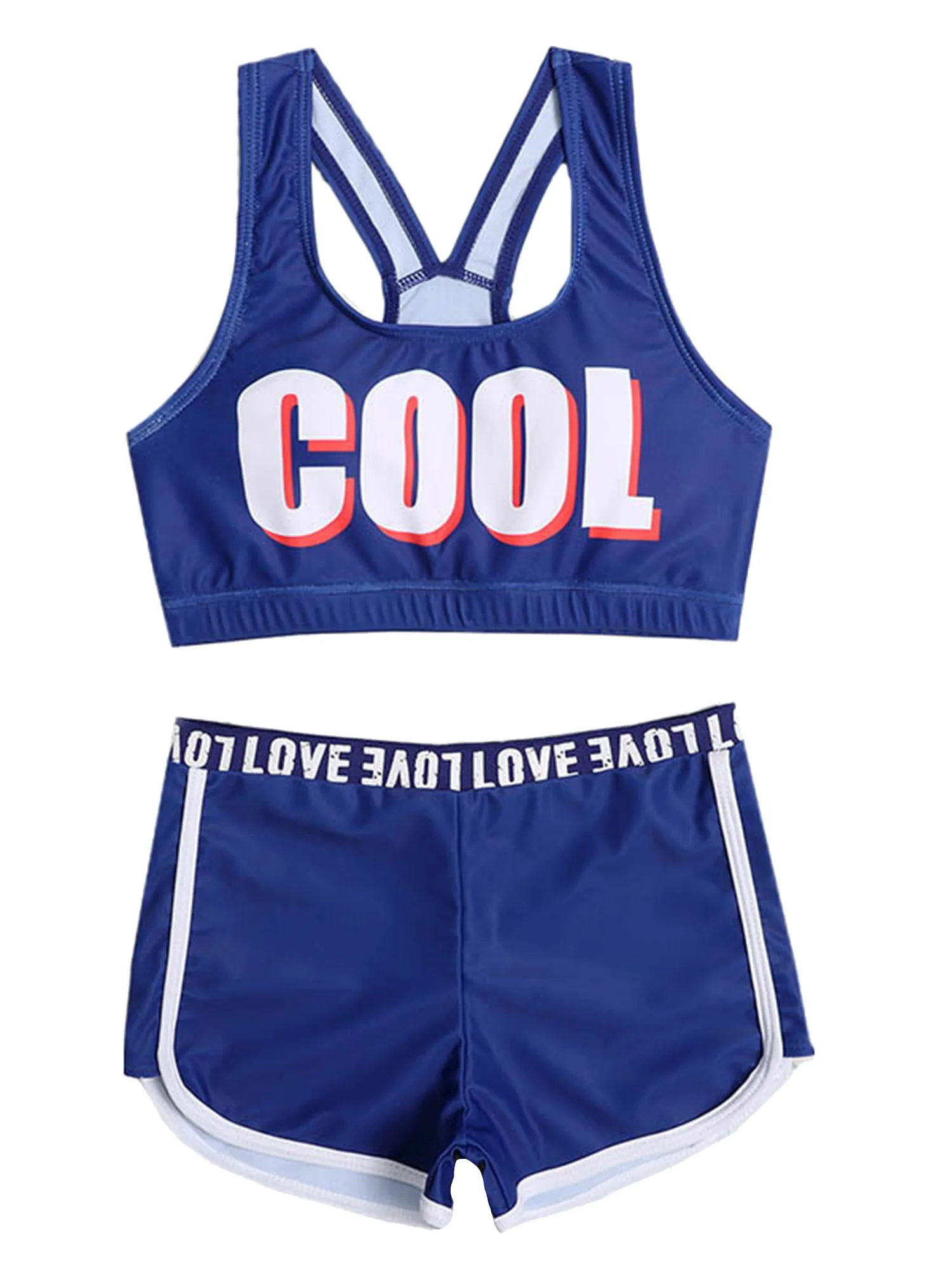 

2Pcs Kids Girls Fashion Letter Print Swimsuit Y-Back Sleeveless Tops Elastic Waist Dolphin Shorts for Beach Pool