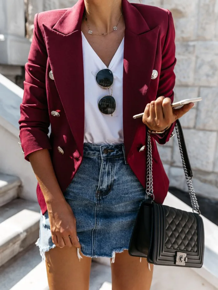 Blazer for Women Spring and Autumn 2023 Long-sleeved Double-breasted Solid Color Stand Up Collar Blazer Women