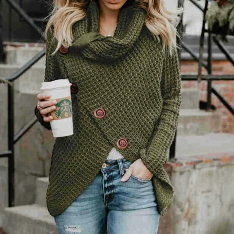 

Women's Turtleneck Irregular Sweater Slim Fit Warm Pullover Women's Multicolor Button Sweater In Autumn and Winter