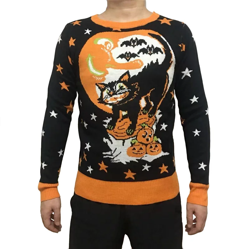 

Cute Knit Crewneck Cosy Vintage Star Bats Pumpkin Black Cat Pattern Women and Mens Ugly Halloween Sweater