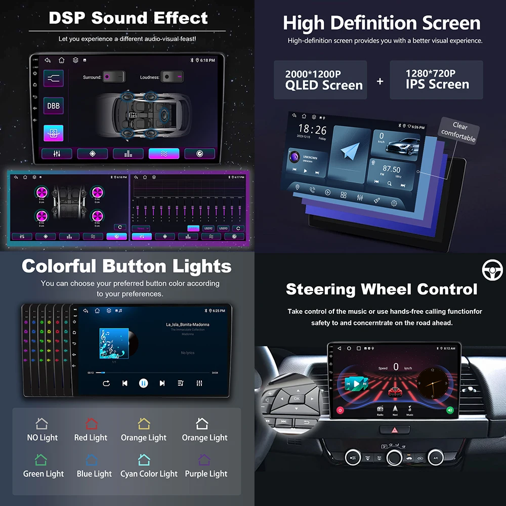 9-дюймовый Автомобильный Мультимедийный Радиоплеер Gps Navi Android Os Bt Dsp Стерео Qled