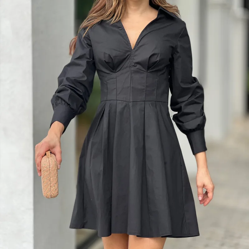 

Spring 2023 New Women's Ruffle Dress Fashion Solid V-Neck Waist Dress