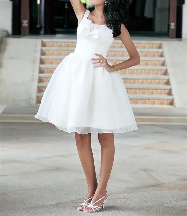 

Женское ТРАПЕЦИЕВИДНОЕ свадебное платье, классическое короткое Кружевное Платье До Колена с бантом, Тюлевое платье на молнии сзади, бальное платье для вечеринки