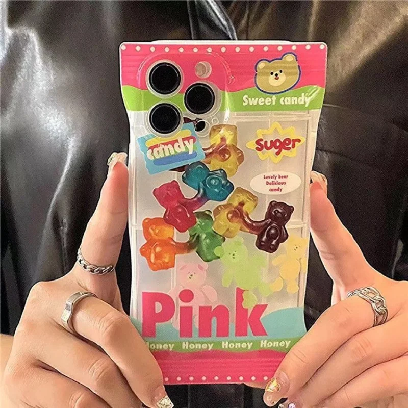 

ECHOME iPhone 14 Pro Case Honey Gummy Bear Pattern Transparent Cute Phone Case Funny Sweet Candy Packaging Bag Phone Back Cover