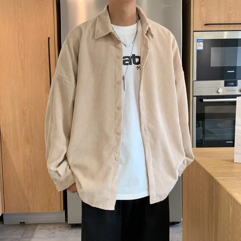 

Мужская Вельветовая рубашка цвета хаки, модные корейские мешковатые Топы большого размера, кардиган на весну и осень, блузка с длинным рукавом, винтажная мужская одежда Y2K