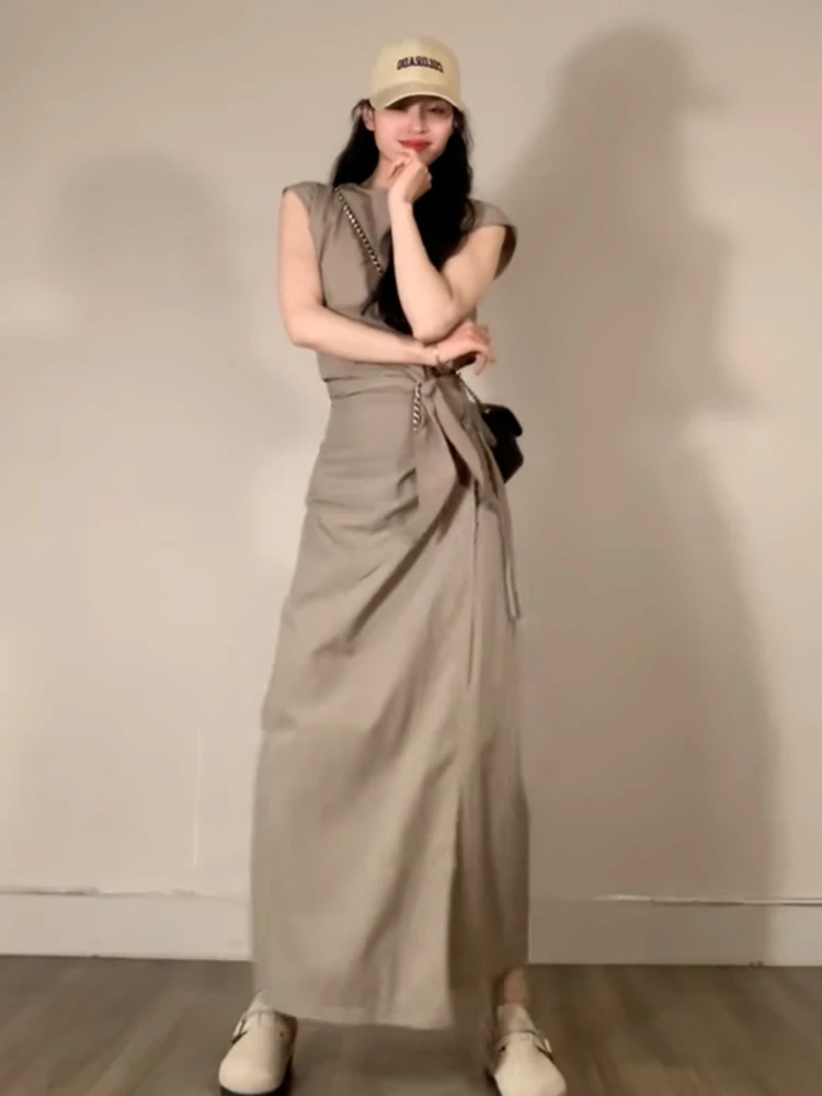 Серое платье грушевидной формы женское лето 2024 новый французский комплект