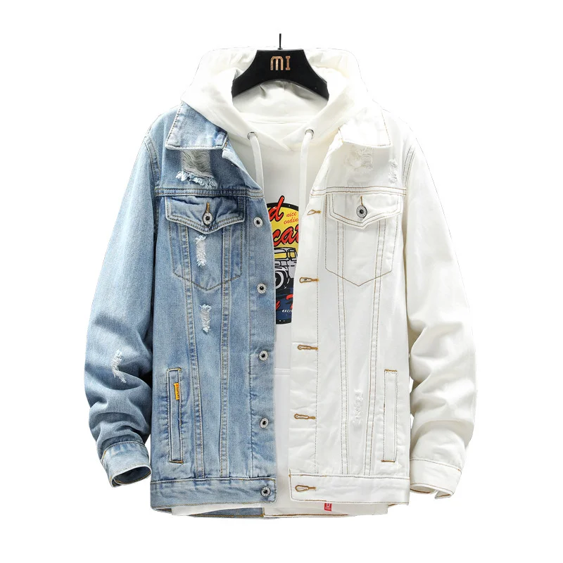 

Men's Jackets Fashion Design Men Single Breasted Panelled Denim Coats White Blue Contrast Color Frayed Jean