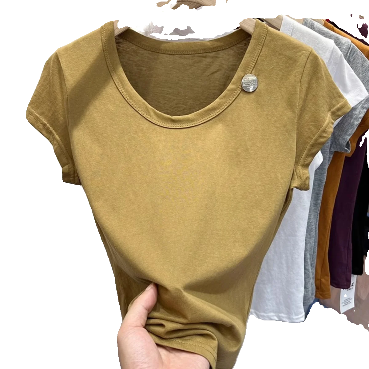 Женская футболка из чистого хлопка с коротким рукавом однотонная U-образным