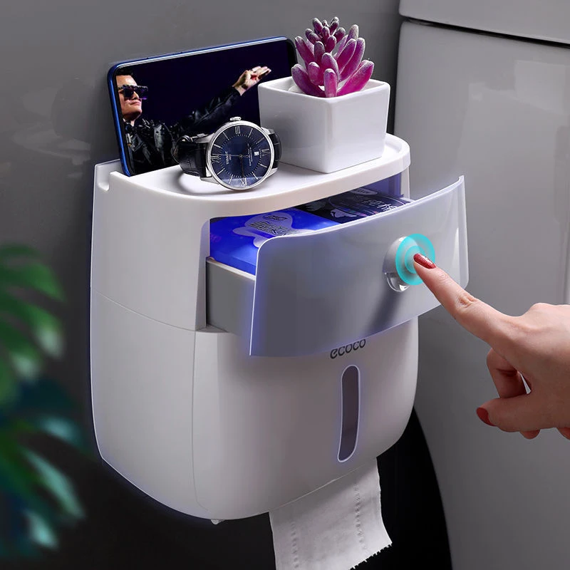 

Paper Holder Punch-free Wall Hanging Double-layer Storage Rack Toilet Paper Tray Roll Organizer Box Bathroom Accessories