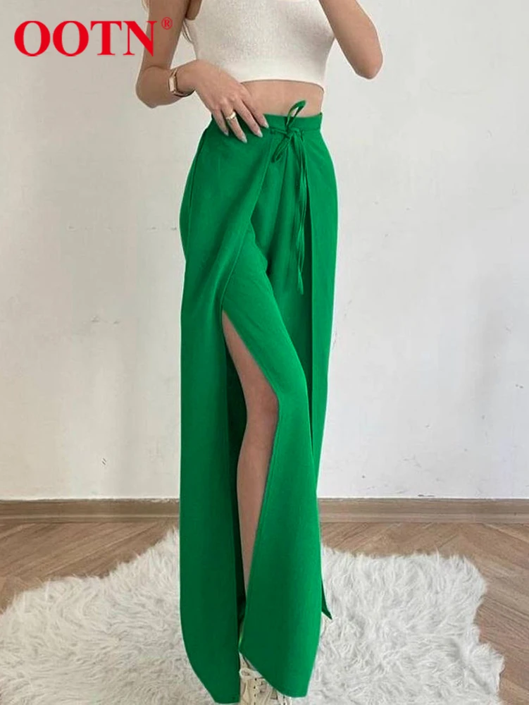 

OOTN Casual Slit Cotton Linen Pants Spring Summer Wrap Lace Up Elastic Waist Chic Street Trouser Straight Loose Women Pants 2022