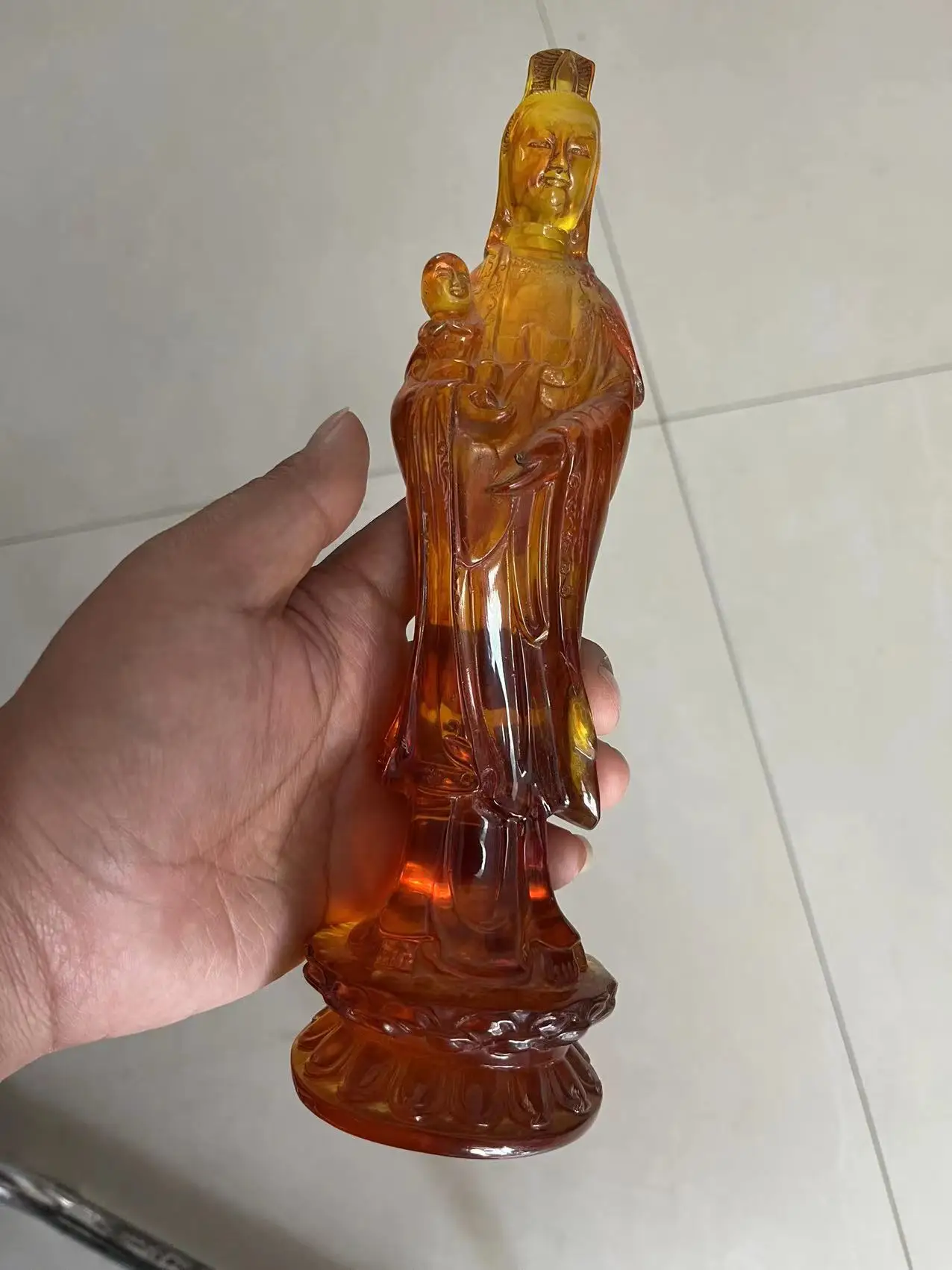 24cm*/China Rare Old Amber Carving Efficacy Kwan-Yin Send You Child Noble Statue