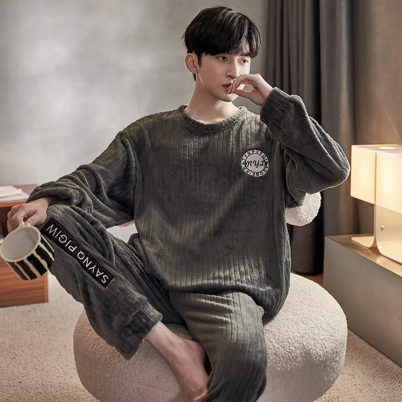 

QUHENG Cute Pajamas for Men Thick Plush Fleece Pajama Sets Winter Coral Velvet Warm Flannel Clothes Home Suit Male Sleepwear