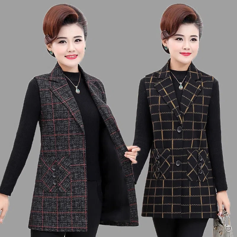 

Middle-aged Elderly Women's Spring Autumn Vests Long Plaid Coat Sleeveless Jacket Female Cardigan Waistcoat Vests Outerwear 6XL