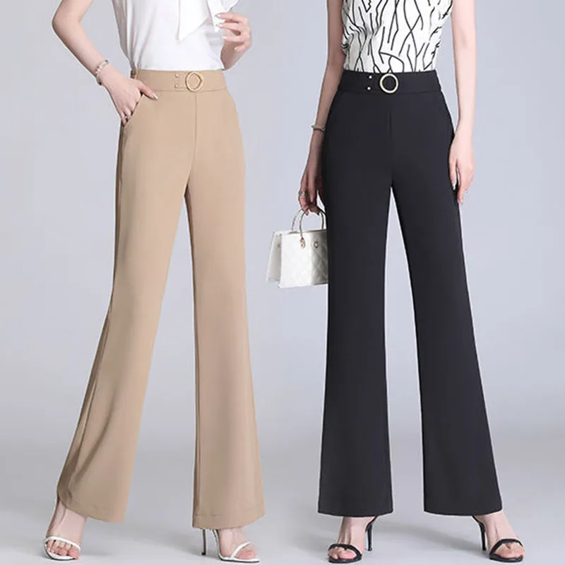 Spring Summer Thin Suit Flare Pants Office Lady High Waist Elastic Ice Silk Loose Wide Leg Straight Women Casual Long Trousers